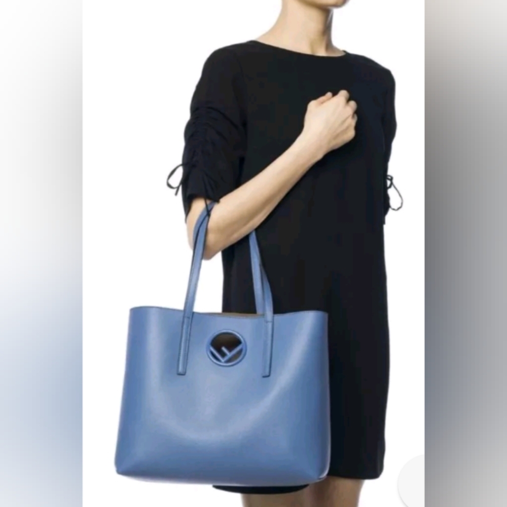 Fendi Blue Leather Tote Bag with Logo Cutout & Leather Tote Pouch